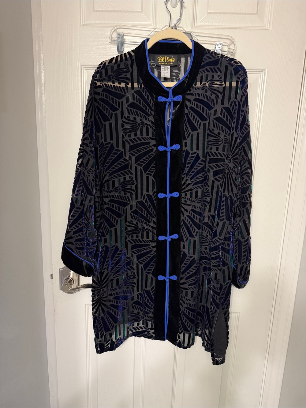 Bob Mackie Long Tunic Burnout Black And Green Velvet With Blue Silk Trimming 2X